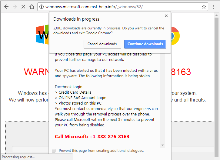 tech support scam message affecting Google Chrome browser